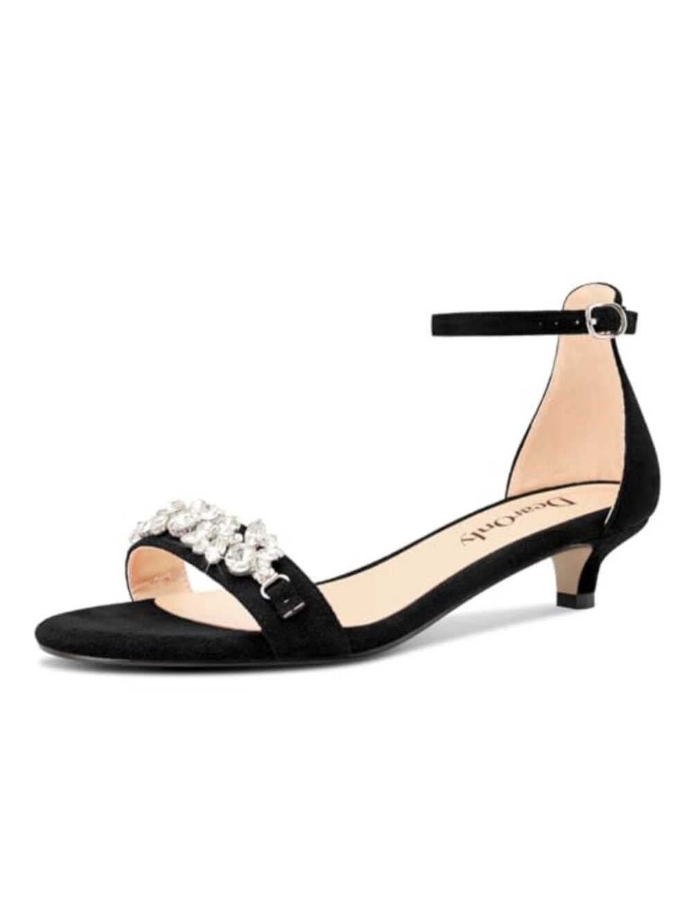 Women's Kitten Heel Peep Toe Ankle Strap Sandals Rhinestone Crystal Buckle